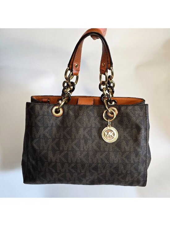 Michael Kors Handbags - Michael Kors Cynthia Brown Monogram Medium Tote Bag Chain Handles Satchel